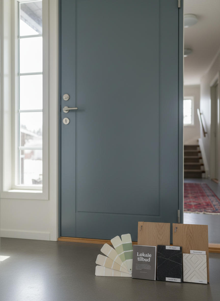 A bright, welcoming entryway of a typical Norwegian home, focusing on a newly installed, perfectly aligned front door with a smooth, matte painted surface and modern hardware. Next to the door sits a small stack of sample materials: neatly fanned paint swatches, a compact booklet titled “Lokale tilbud”, and a few labeled wood and tile samples. Natural daylight filters in from the side, casting soft, realistic shadows and accentuating the textures of the materials. Photographic realism, captured at eye level with a subtle depth of field that keeps the samples in sharp focus while the background hallway fades slightly, creating a professional yet homely mood that suggests successful local renovation help.