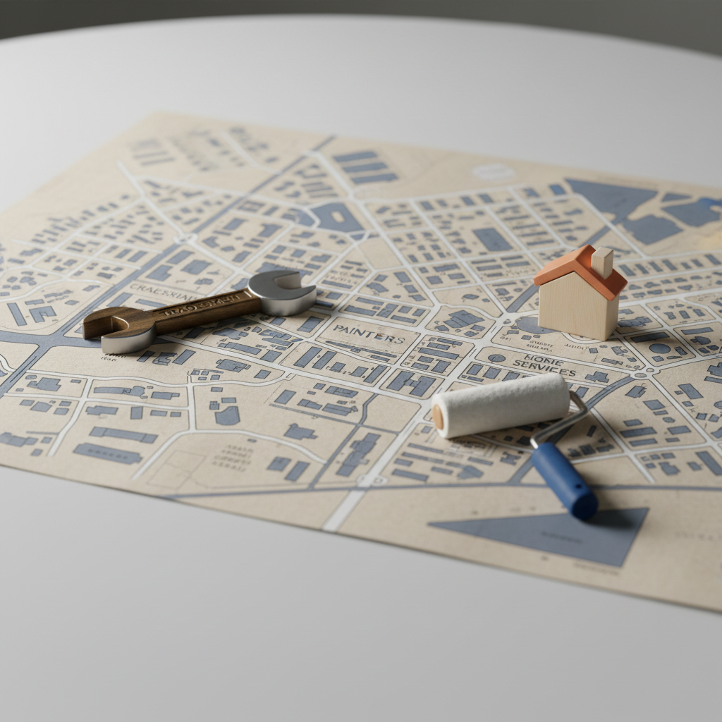 A detailed city map spread across a smooth white tabletop, with small, high-quality wooden markers representing various local services such as a wrench for tradesmen, a paint roller for painters, and a house icon for home services. Each marker is finely crafted with matte finishes and subtle colors, placed on different points of the map. Cool, diffused overhead lighting casts soft, realistic shadows, emphasizing the textures of the paper and wood. Photographic realism, captured from a slightly elevated angle with the map filling the frame, edges fading softly out of focus. The mood is organized and informative, suggesting easy navigation of local offers in a clean, professional style.