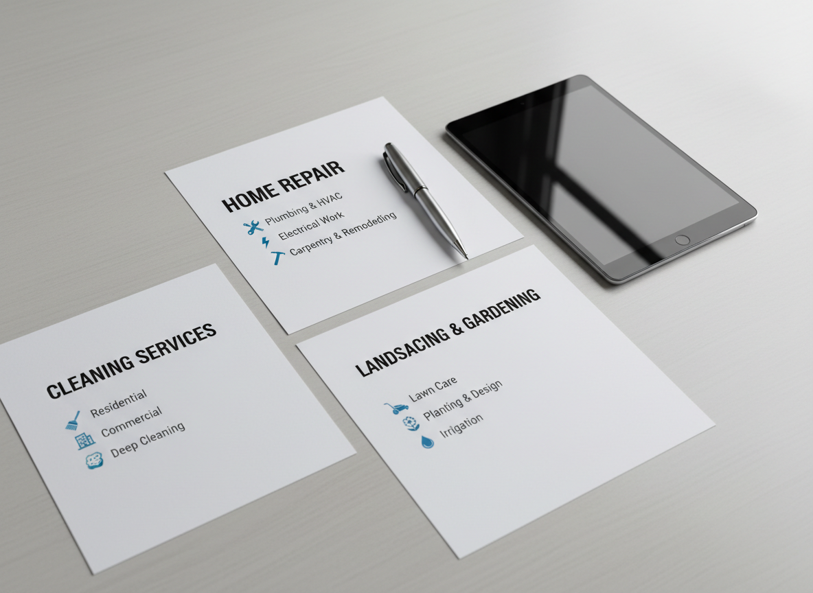 A neat arrangement of printed service quotes laid out on a light grey desk, each sheet featuring clear, bold headings, tidy bullet points, and simple icons indicating different local services. A sleek, silver pen rests diagonally across the top quote, and a slim, closed tablet sits nearby with a subtle reflection on its glass surface. Soft, neutral studio lighting illuminates the scene evenly, highlighting the crisp white paper and clean typography. Photographic realism, top-down composition with sharp focus across the entire frame, minimal background distractions, and a calm, reliable atmosphere that communicates transparency and professionalism in getting local offers.